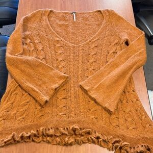 Free People Burnt Orange Cable V-Neck Sweater